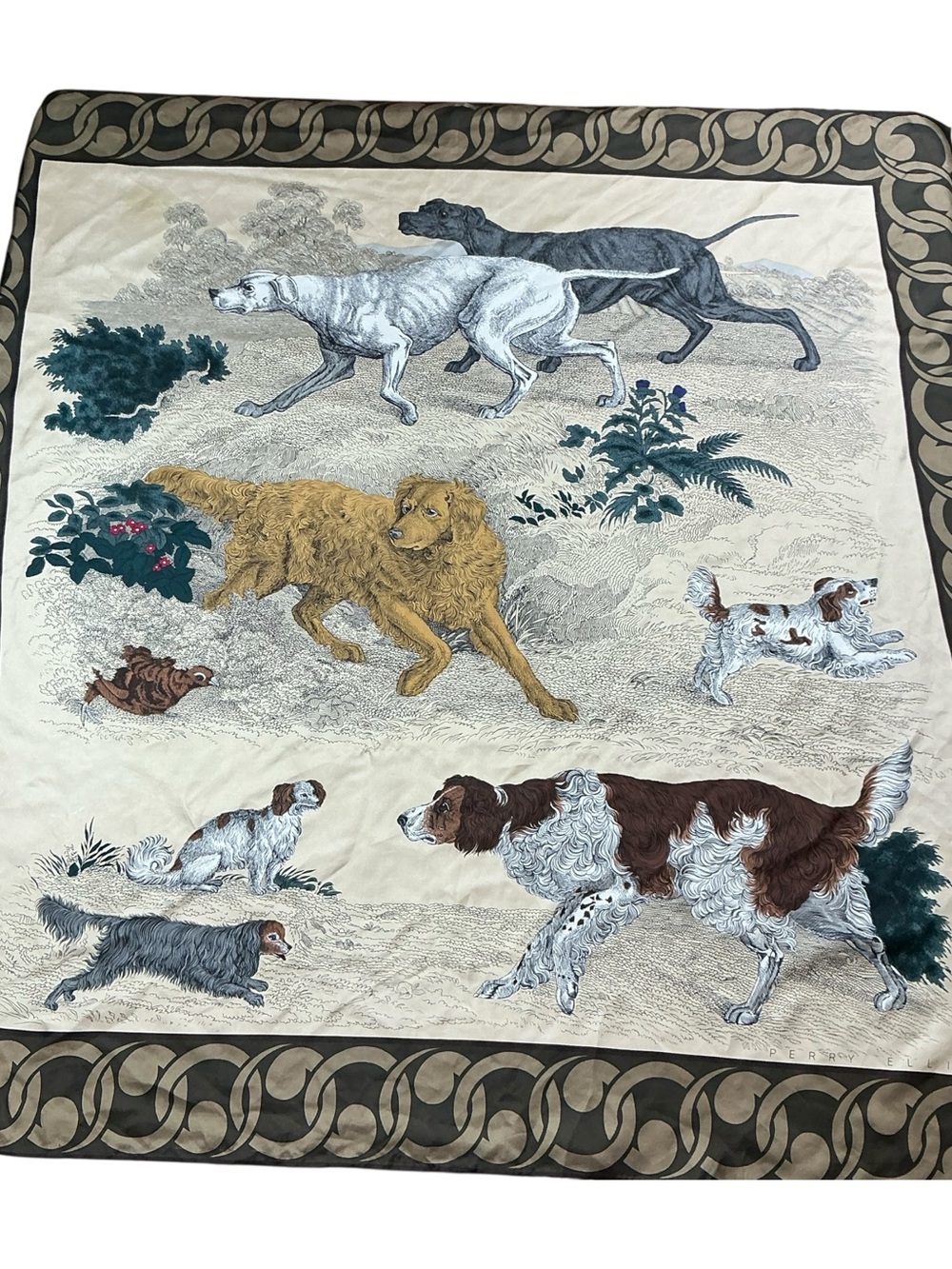 Vintage Perry Ellis silky reversible scarf featuring prominent hunting dog motif